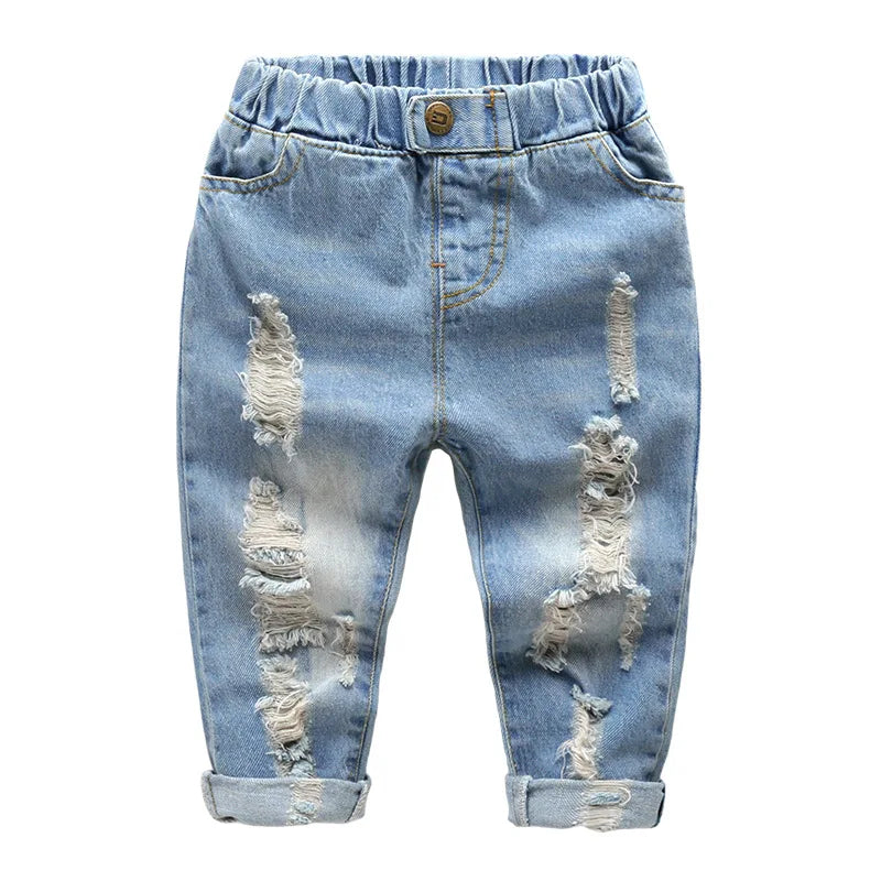 Kids Distressed Denim Jeans - Loose Cotton Blend Casual Pants