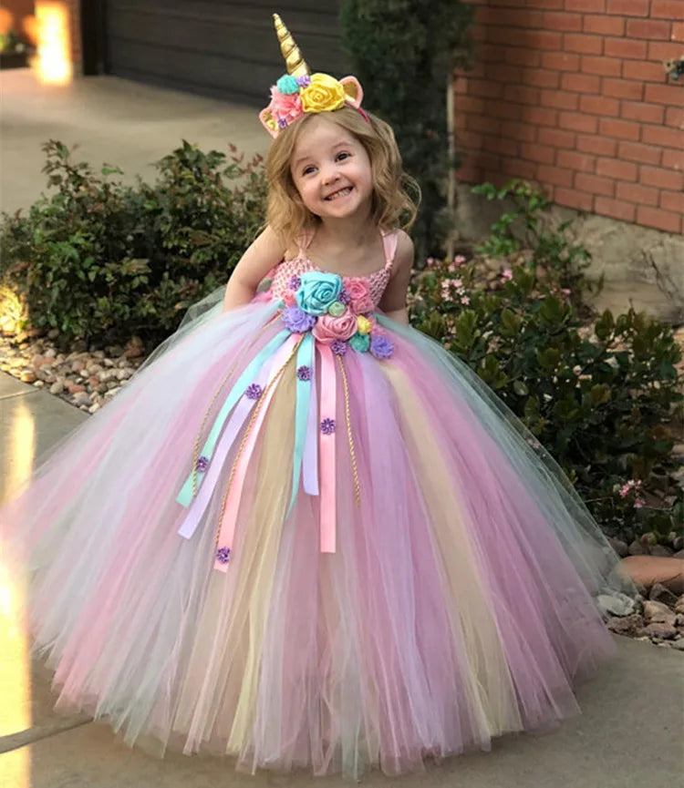 Girls Pastel Unicorn Flower Tutu Dress - Crochet Tulle Style