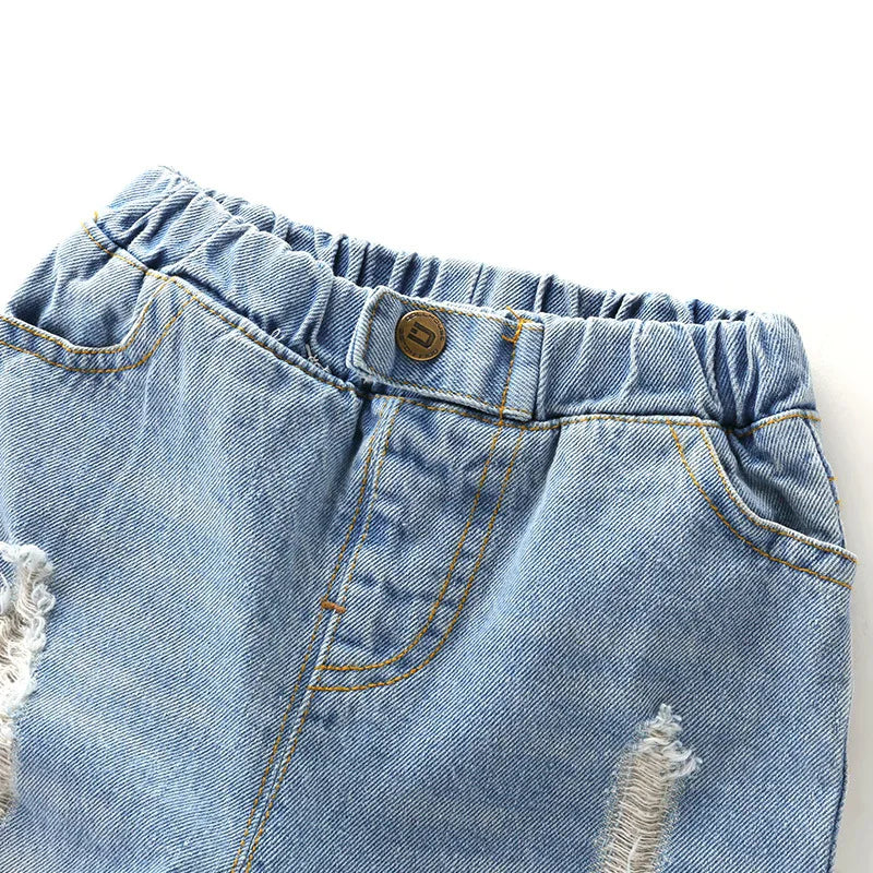 Kids Distressed Denim Jeans - Loose Cotton Blend Casual Pants