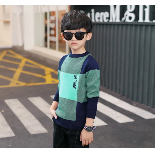 Boys Round Collar Knit Sweater - Plaid Autumn Pullover