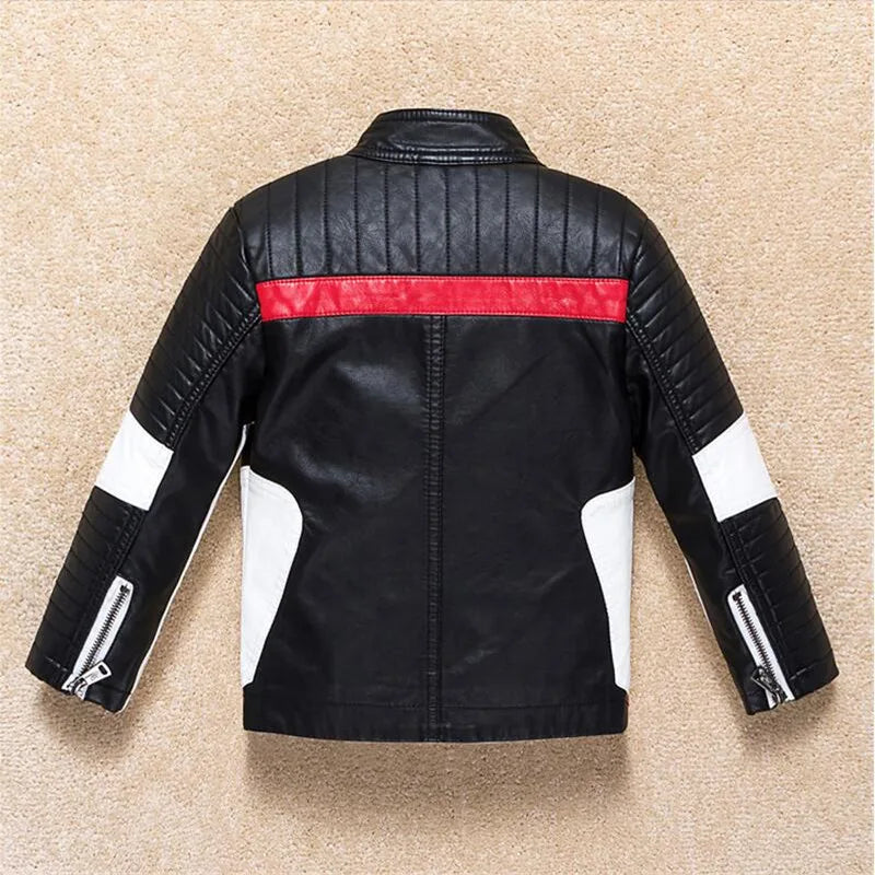 Boys Windproof Leather-Style Jacket - Color Stitching Moto Coat