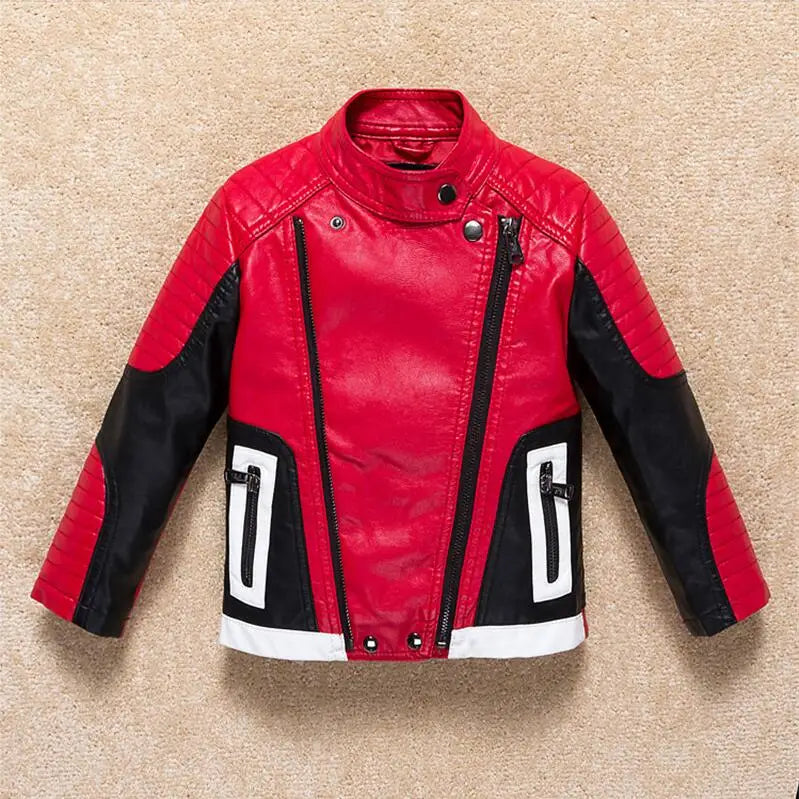 Boys Windproof Leather-Style Jacket - Color Stitching Moto Coat