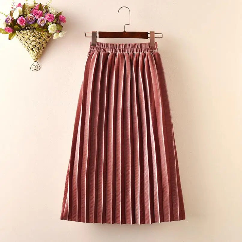 Girls Velvet Pleated Long Skirt for Autumn Winter