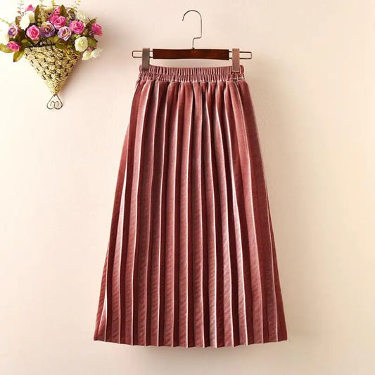 Girls Velvet Pleated Long Skirt for Autumn Winter
