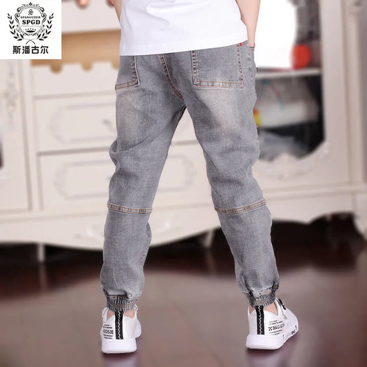 Boys Letter Print Pencil Jeans - Elastic Waist Denim Pants