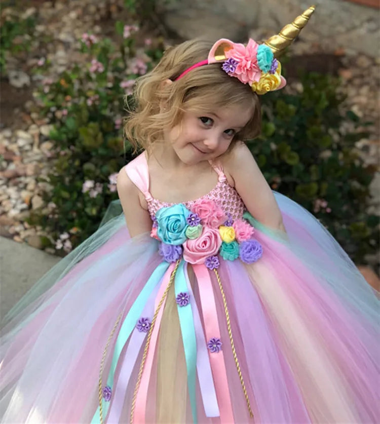 Girls Pastel Unicorn Flower Tutu Dress - Crochet Tulle Style