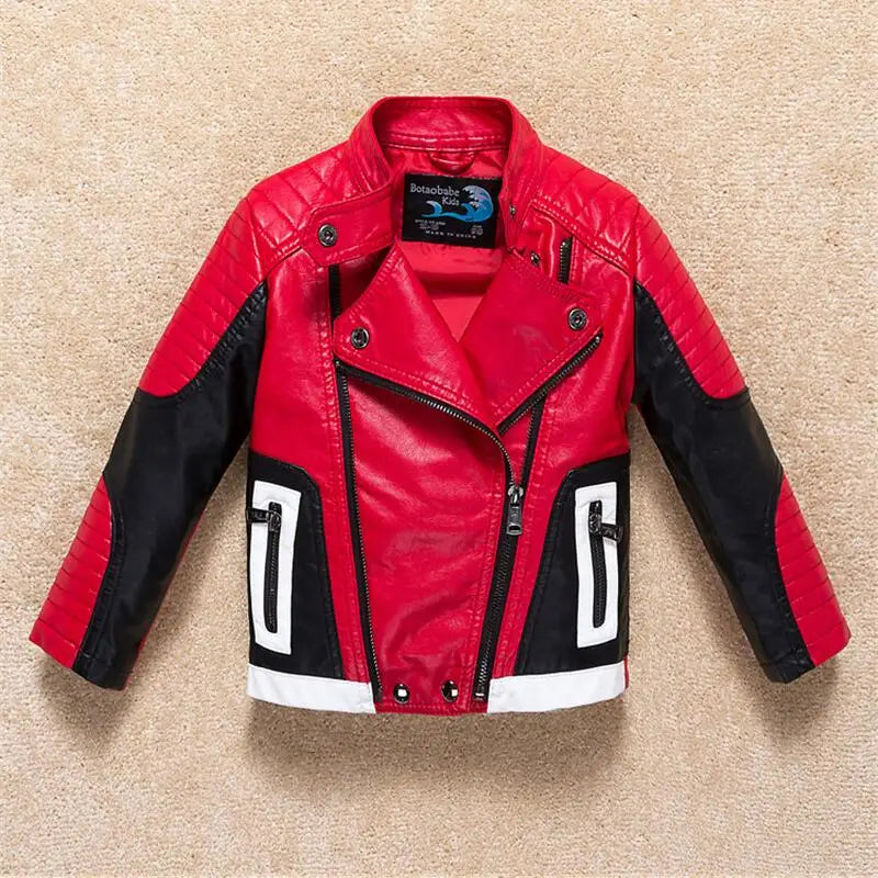 Boys Windproof Leather-Style Jacket - Color Stitching Moto Coat