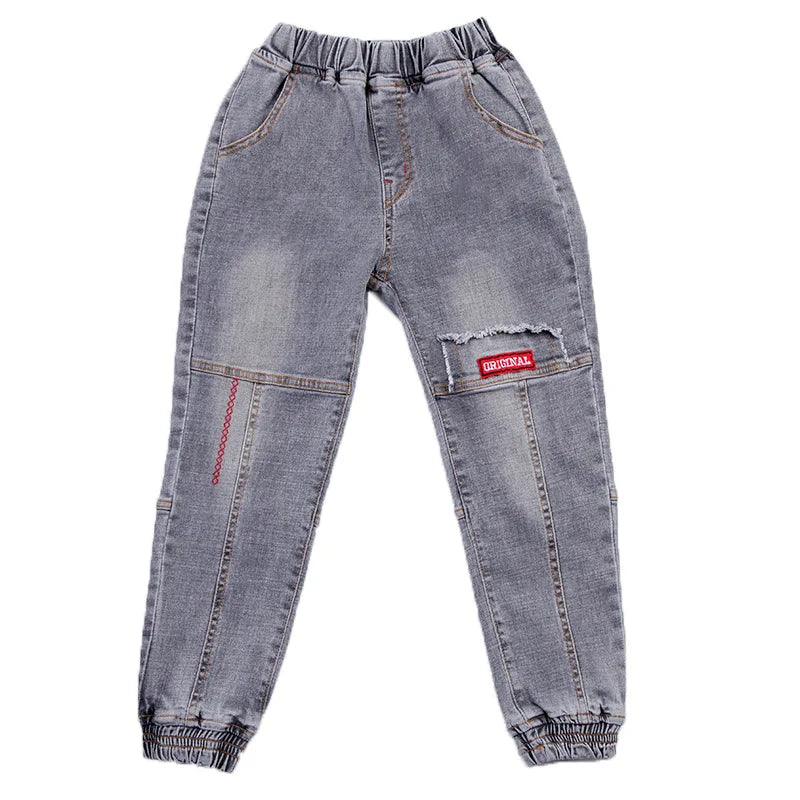Boys Letter Print Pencil Jeans - Elastic Waist Denim Pants