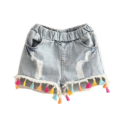 Girls Tassel Distressed Denim Shorts