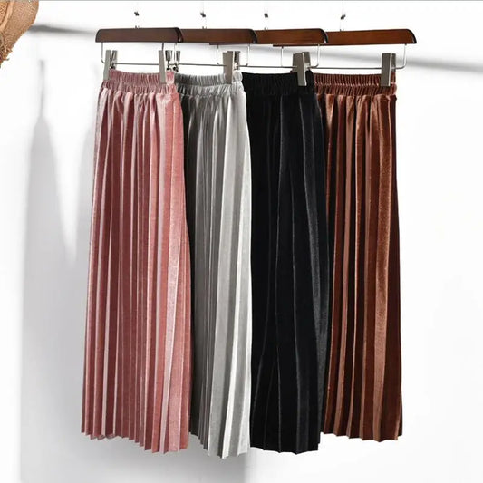 Girls Velvet Pleated Long Skirt for Autumn Winter