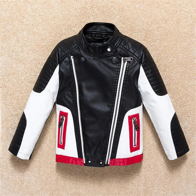 Boys Windproof Leather-Style Jacket - Color Stitching Moto Coat