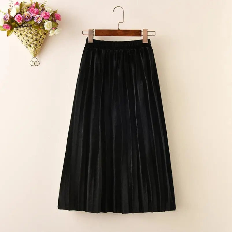 Girls Velvet Pleated Long Skirt for Autumn Winter