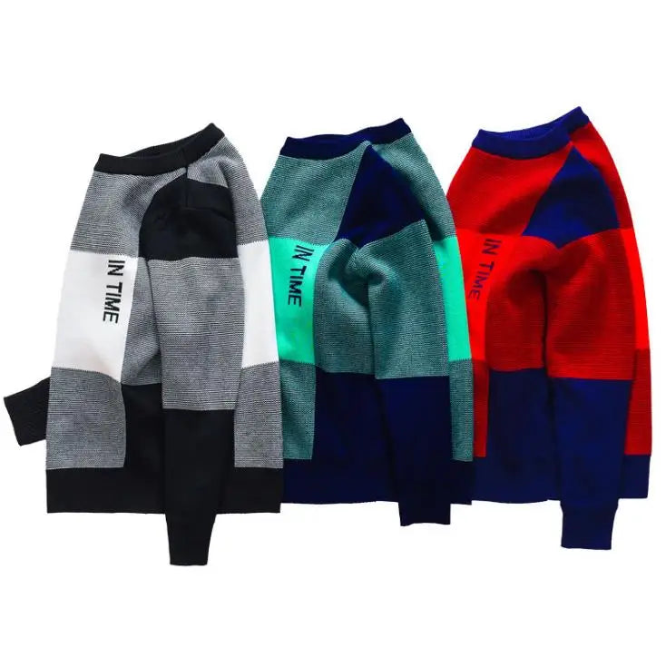 Boys Round Collar Knit Sweater - Plaid Autumn Pullover