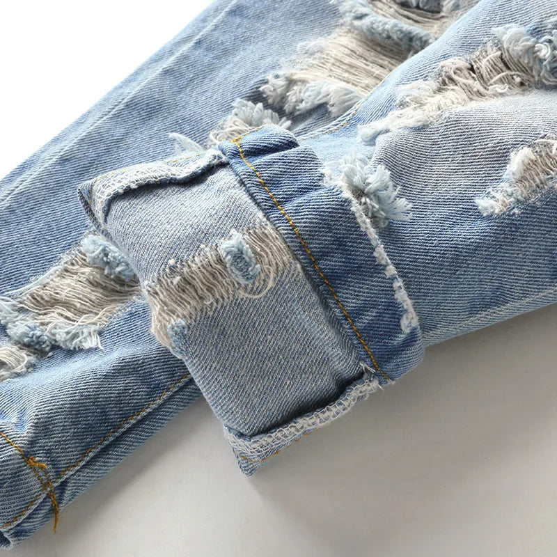Kids Distressed Denim Jeans - Loose Cotton Blend Casual Pants