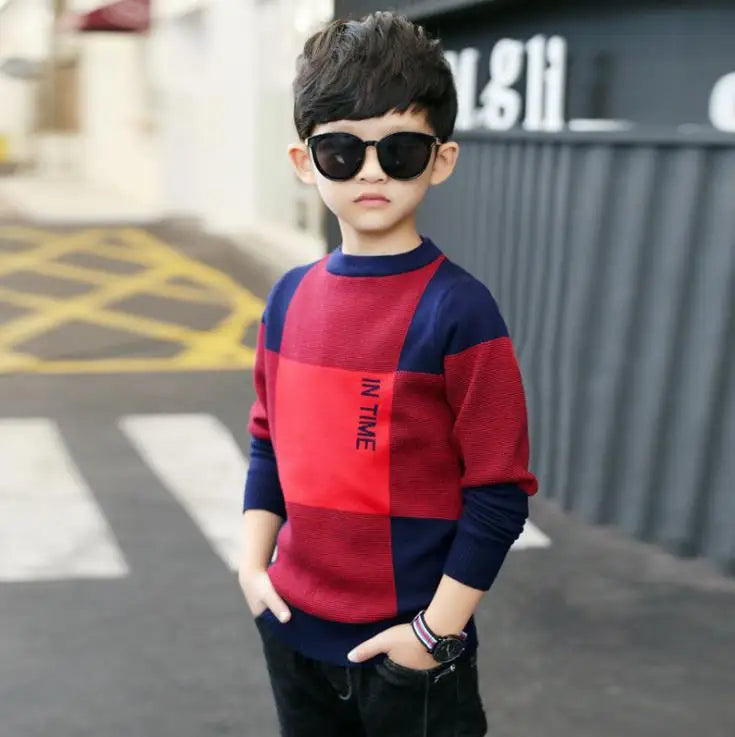 Boys Round Collar Knit Sweater - Plaid Autumn Pullover