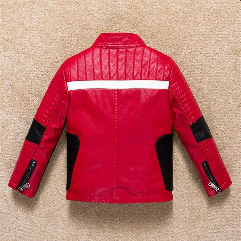 Boys Windproof Leather-Style Jacket - Color Stitching Moto Coat
