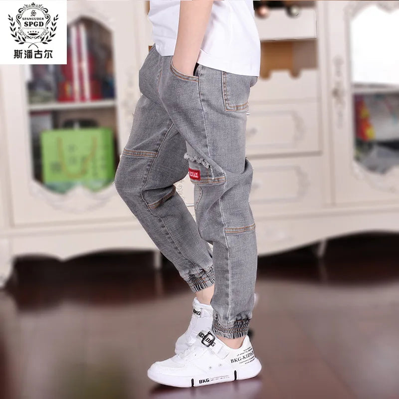 Boys Letter Print Pencil Jeans - Elastic Waist Denim Pants