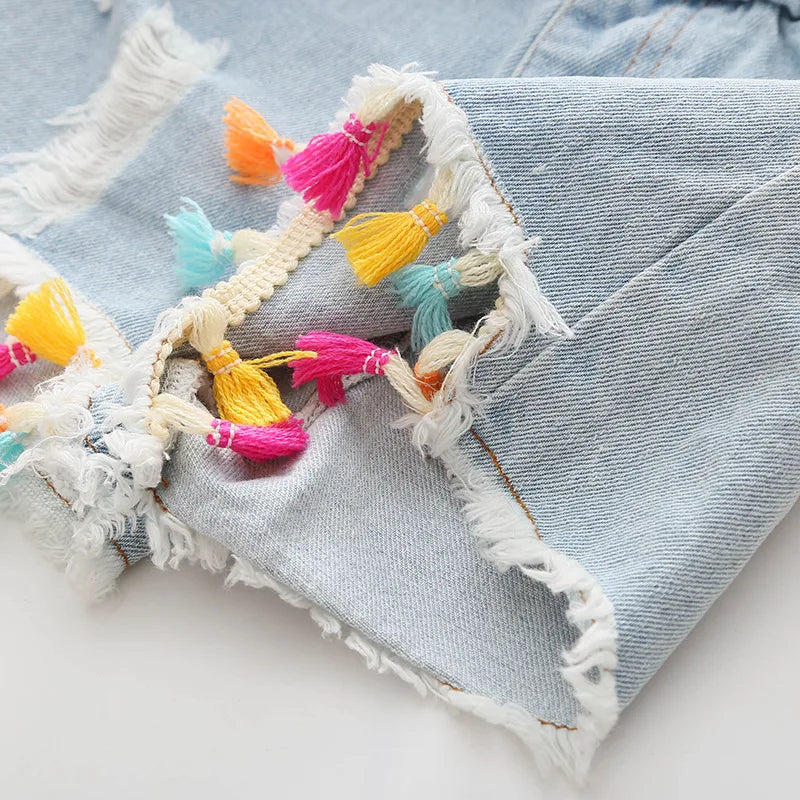 Girls Tassel Distressed Denim Shorts