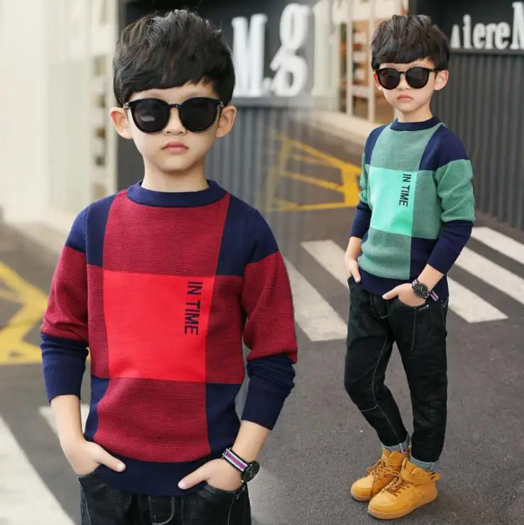Boys Round Collar Knit Sweater - Plaid Autumn Pullover