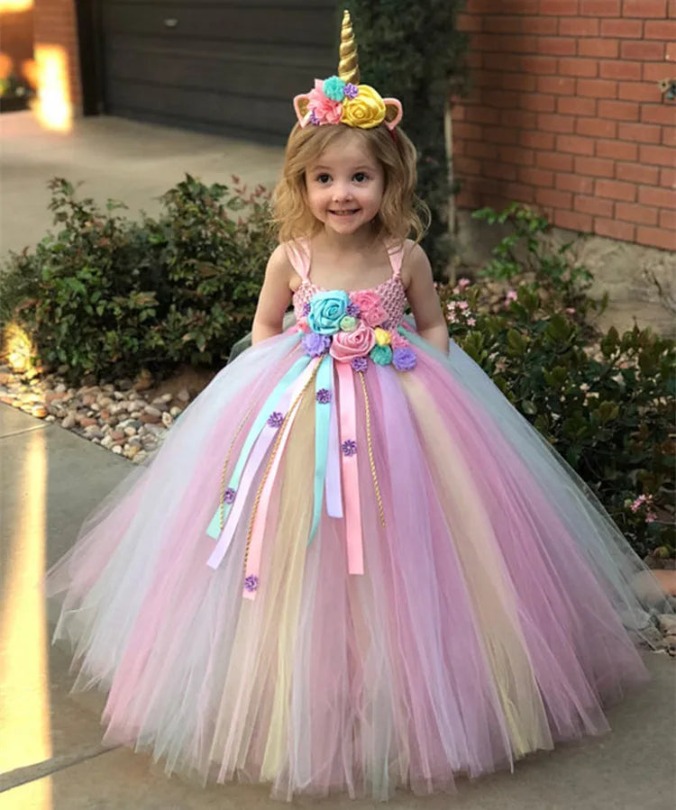 Girls Pastel Unicorn Flower Tutu Dress - Crochet Tulle Style