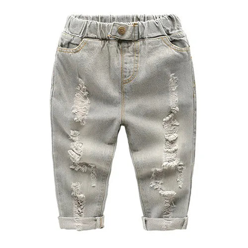 Kids Distressed Denim Jeans - Loose Cotton Blend Casual Pants
