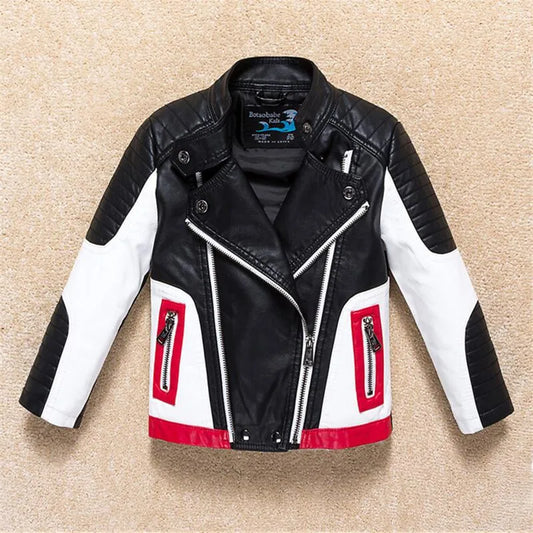Boys Windproof Leather-Style Jacket - Color Stitching Moto Coat