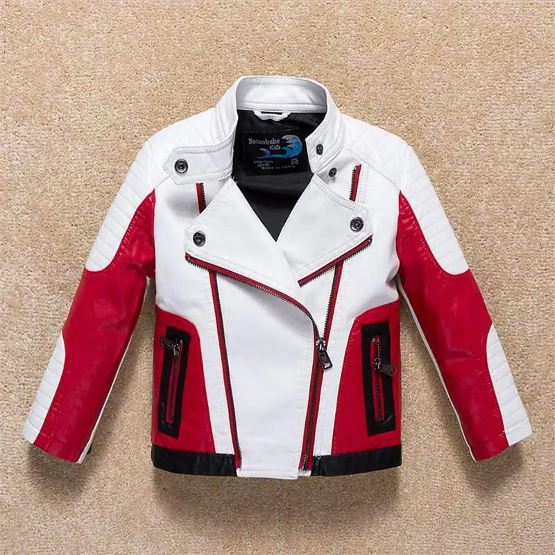 Boys Windproof Leather-Style Jacket - Color Stitching Moto Coat