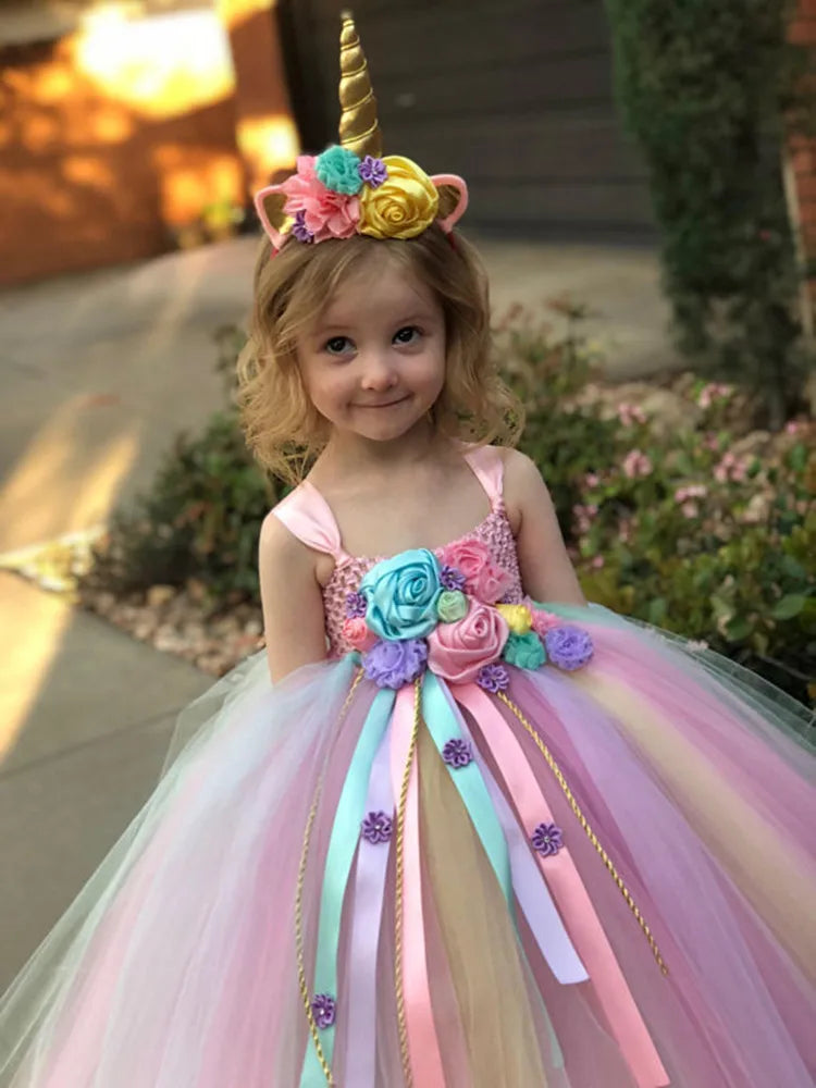 Girls Pastel Unicorn Flower Tutu Dress - Crochet Tulle Style