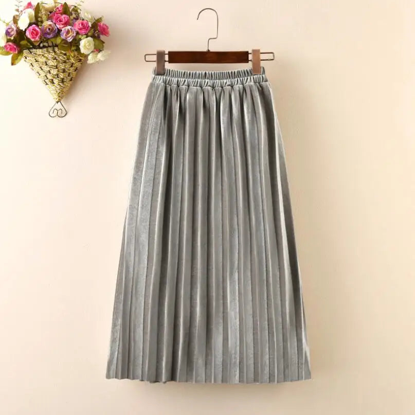 Girls Velvet Pleated Long Skirt for Autumn Winter