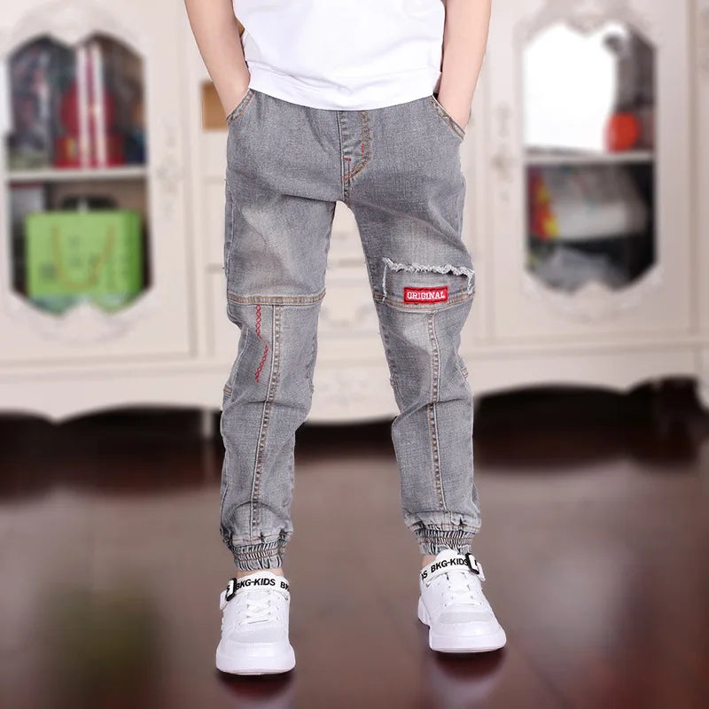 Boys Letter Print Pencil Jeans - Elastic Waist Denim Pants