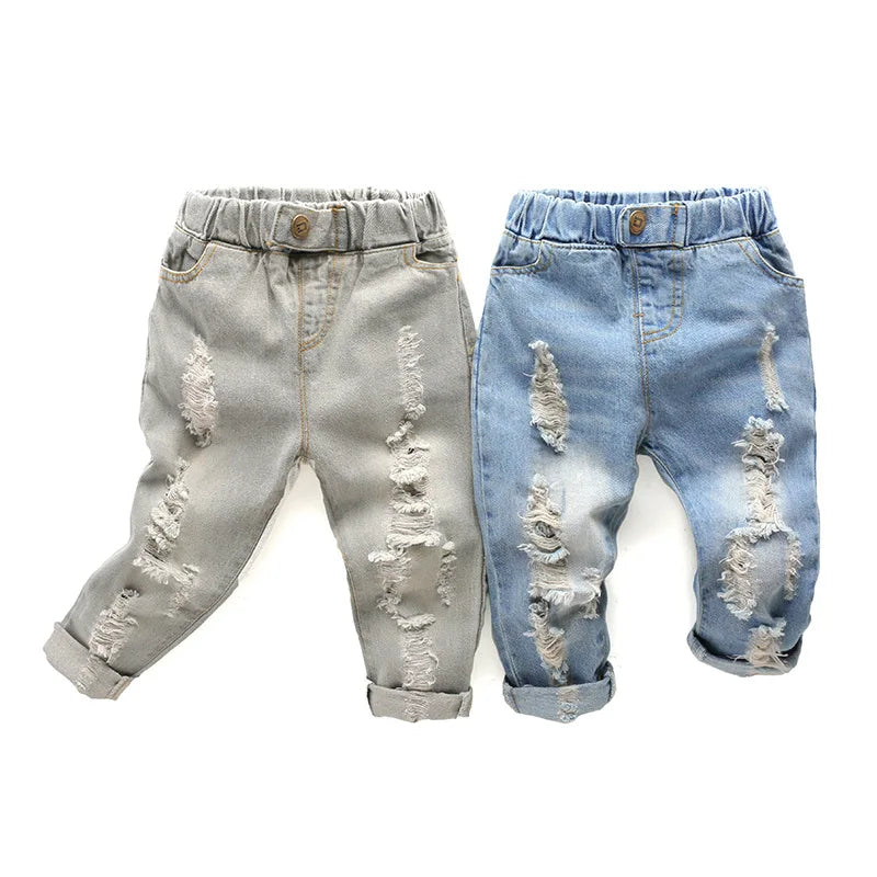 Kids Distressed Denim Jeans - Loose Cotton Blend Casual Pants