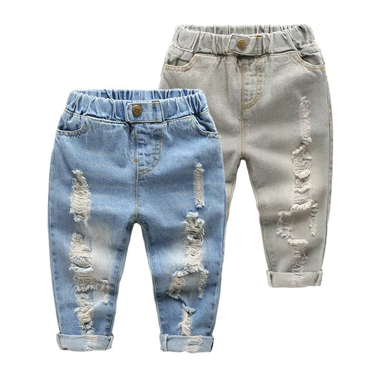 Kids Distressed Denim Jeans - Loose Cotton Blend Casual Pants