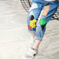 Girls Cartoon Cat Print Elastic Waist Skinny Jeans