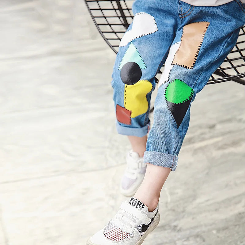 Girls Cartoon Cat Print Elastic Waist Skinny Jeans