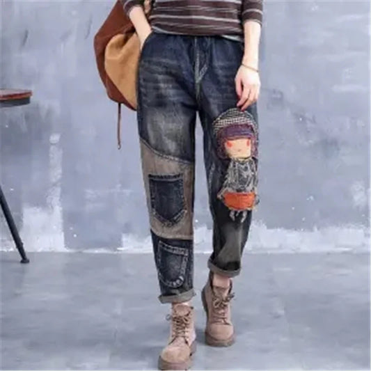 Girls Cartoon Patch Pocket Elastic Waist Harem Jeans