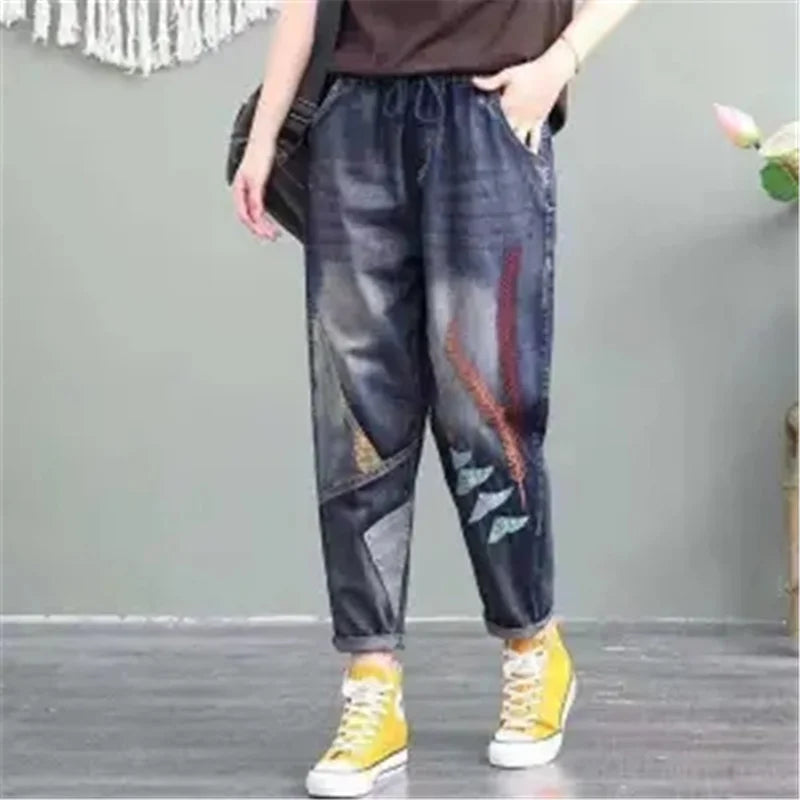 Girls Cartoon Patch Pocket Elastic Waist Harem Jeans
