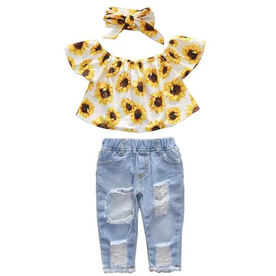 Baby Girls Sunflower Denim Pants Set - 3 Piece Summer Outfit