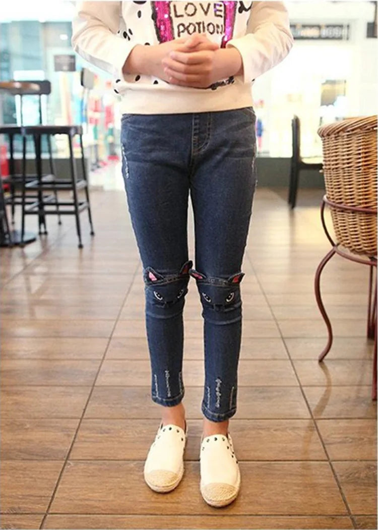 Girls Cartoon Cat Print Elastic Waist Skinny Jeans