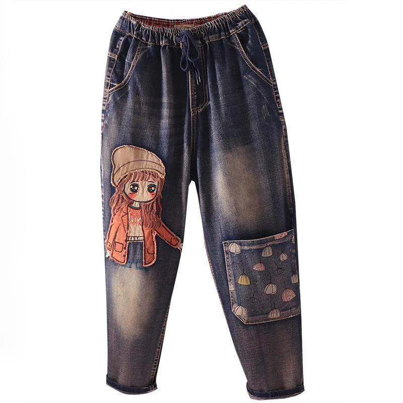 Girls Cartoon Patch Pocket Elastic Waist Harem Jeans