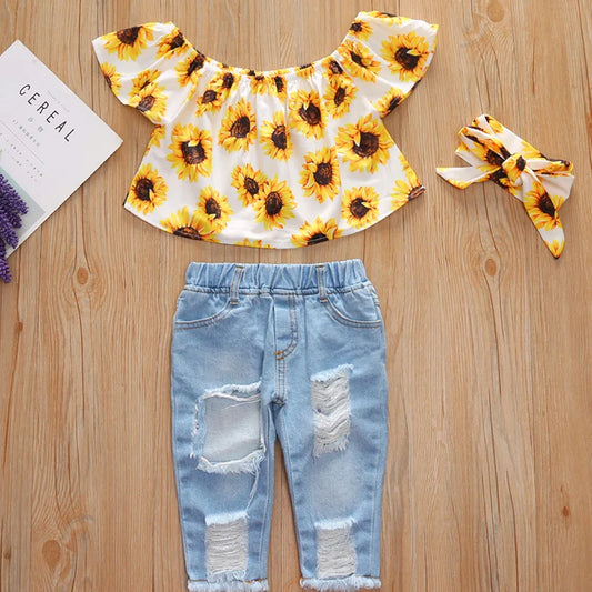 Baby Girls Sunflower Denim Pants Set - 3 Piece Summer Outfit