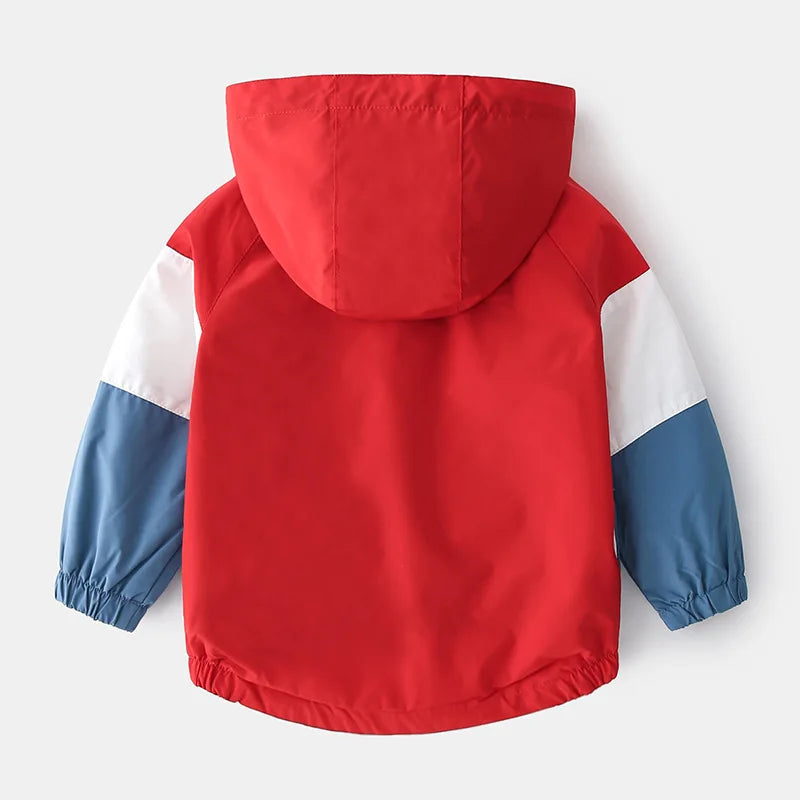 Boys Hooded Patchwork Windbreaker - Spring Autumn Outerwear Coat