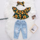 Baby Girls Sunflower Denim Pants Set - 3 Piece Summer Outfit