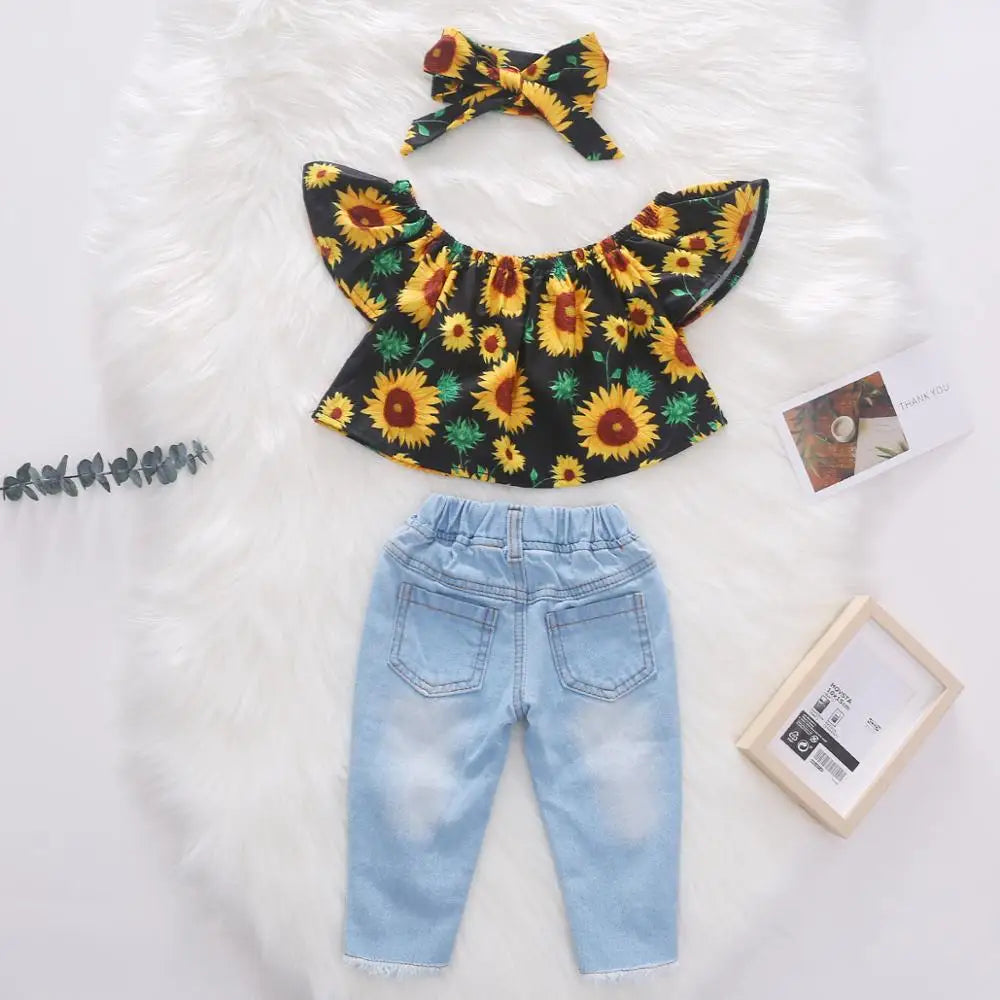 Baby Girls Sunflower Denim Pants Set - 3 Piece Summer Outfit