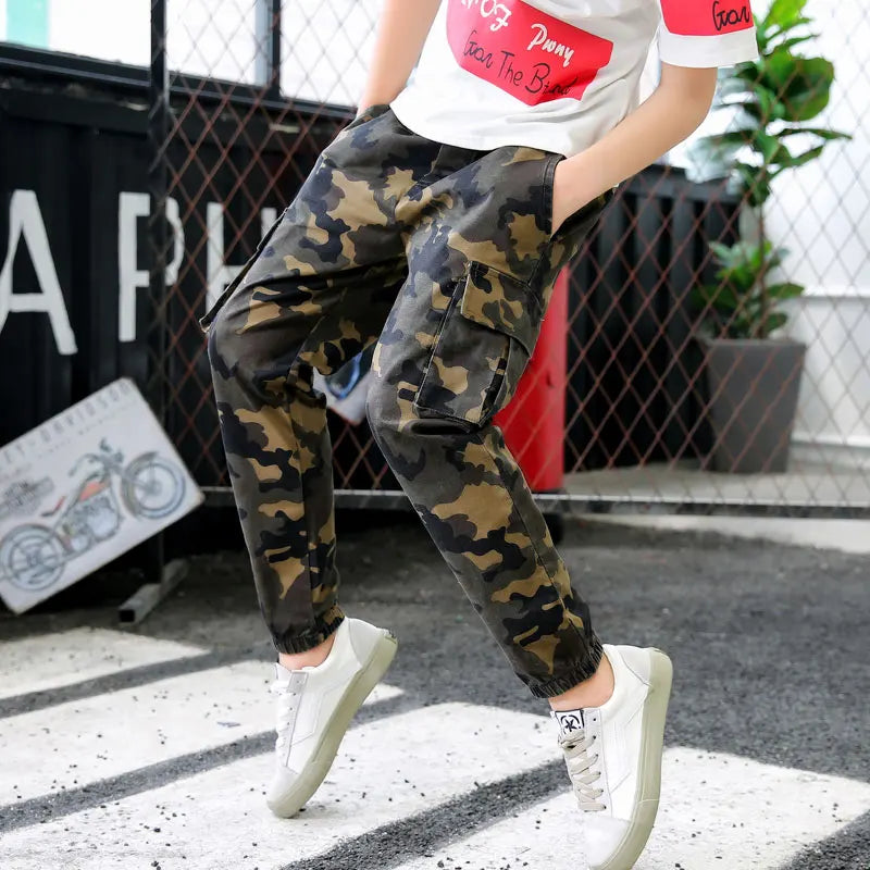 Boys Camo Cargo Trousers - Elastic Waist Jogger Pants
