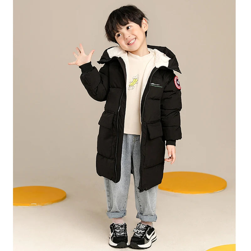 Boys Long Hooded Jacket - Solid Warm Winter Coat