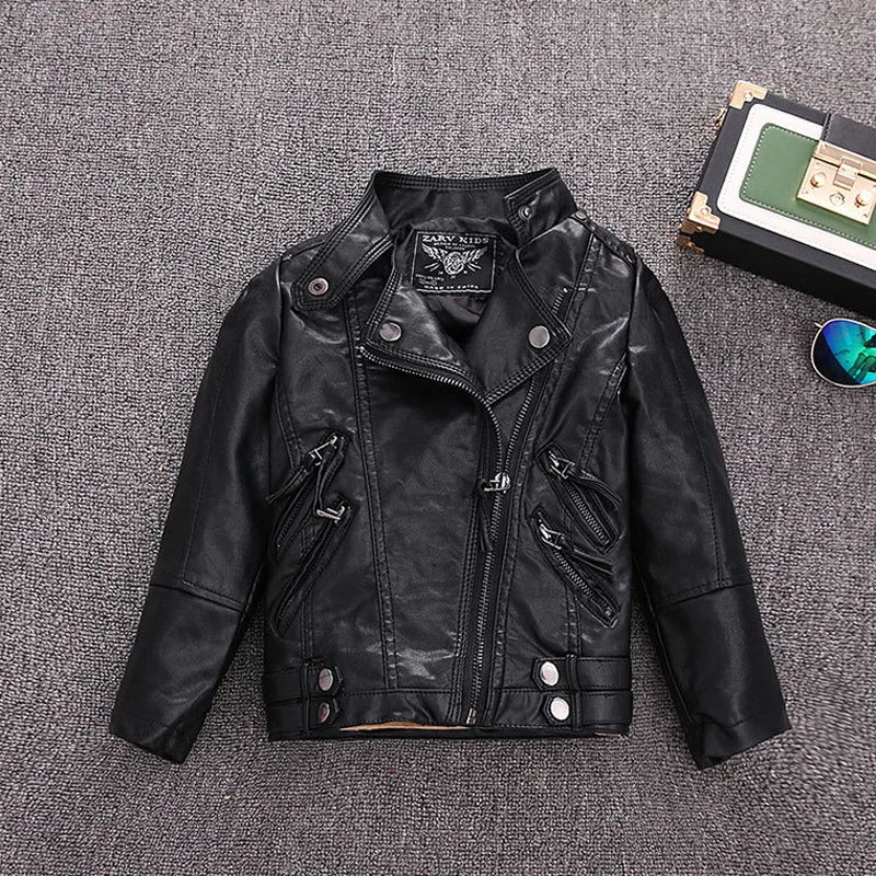 Girls Faux Leather Zip Jacket - Belted Biker Style