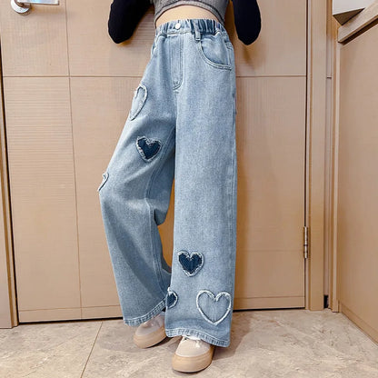 Girls Love Edge Elastic Waist Jeans - Korean Style Denim Pants