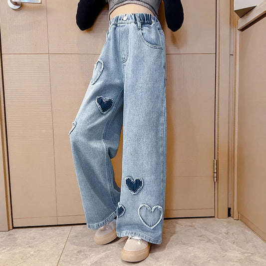 Girls Love Edge Elastic Waist Jeans - Korean Style Denim Pants