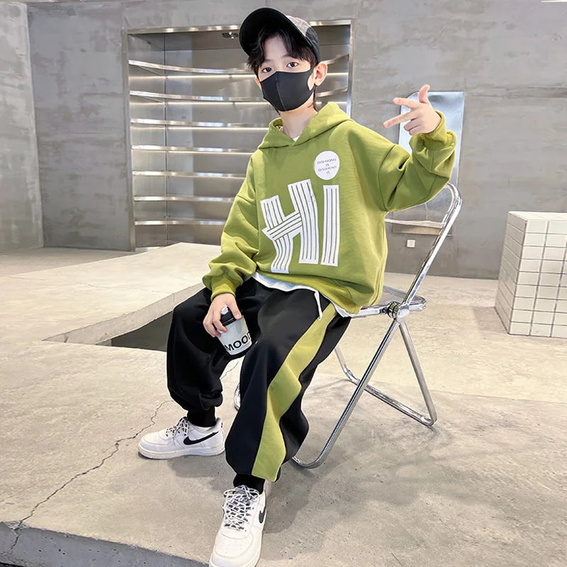 Boys Hooded Sweatshirt Suit - Casual Two-Piece Top and Pants Set