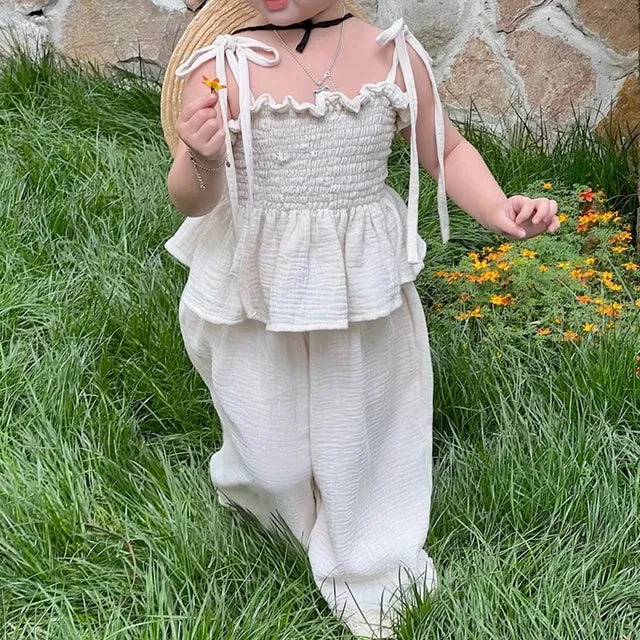 Girls Bubble Sleeve Shirt and Wide Leg Pants Set